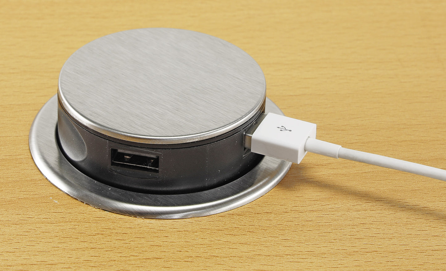 Schreibtisch-Einbausteckdose 2x + 2xUSB versenkbar, Edelstahl, rund Mini