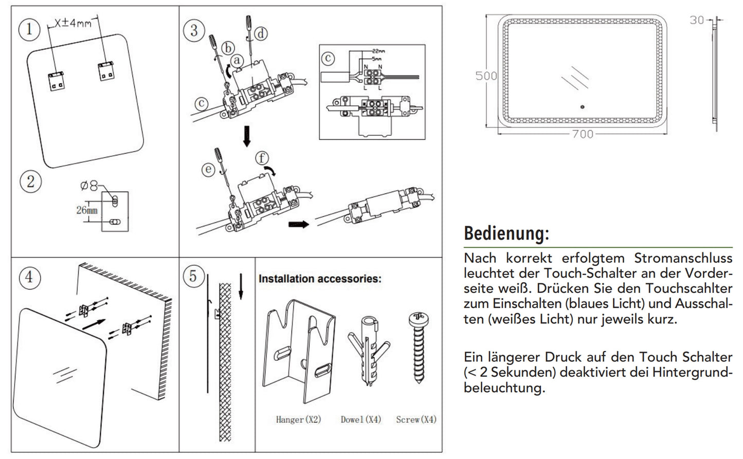 LED Spiegel "Espelho Q70" 70x50cm 230V, 23W, 1750lm, 4000K, Touchschalter