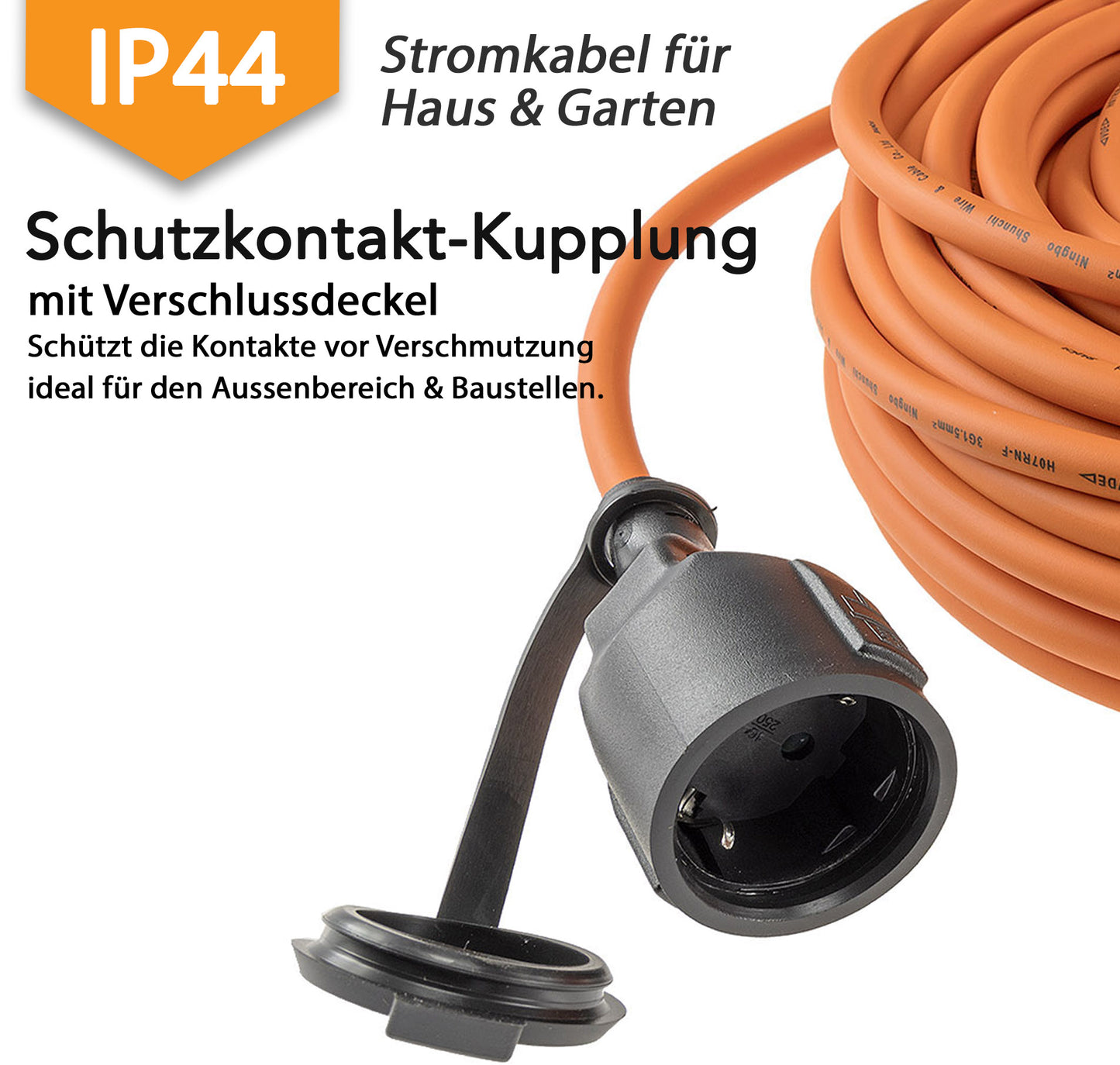Verlängerungskabel 5m, IP44, Orange H07RN-F 3G1,5 , Stecker / Kupplung