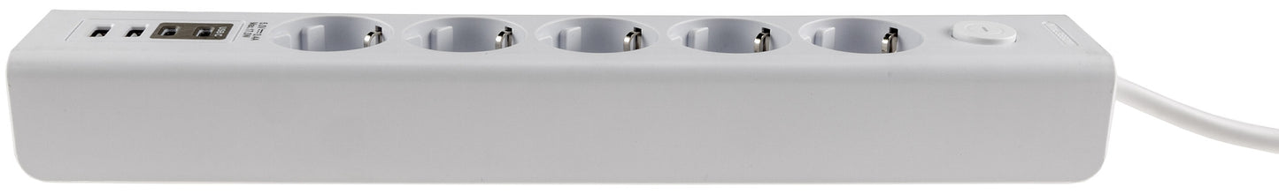 Steckdosenleiste mit Ladebuchsen für USB USB-A /USB-C,5-fach, weiß, 1,5m Kabel