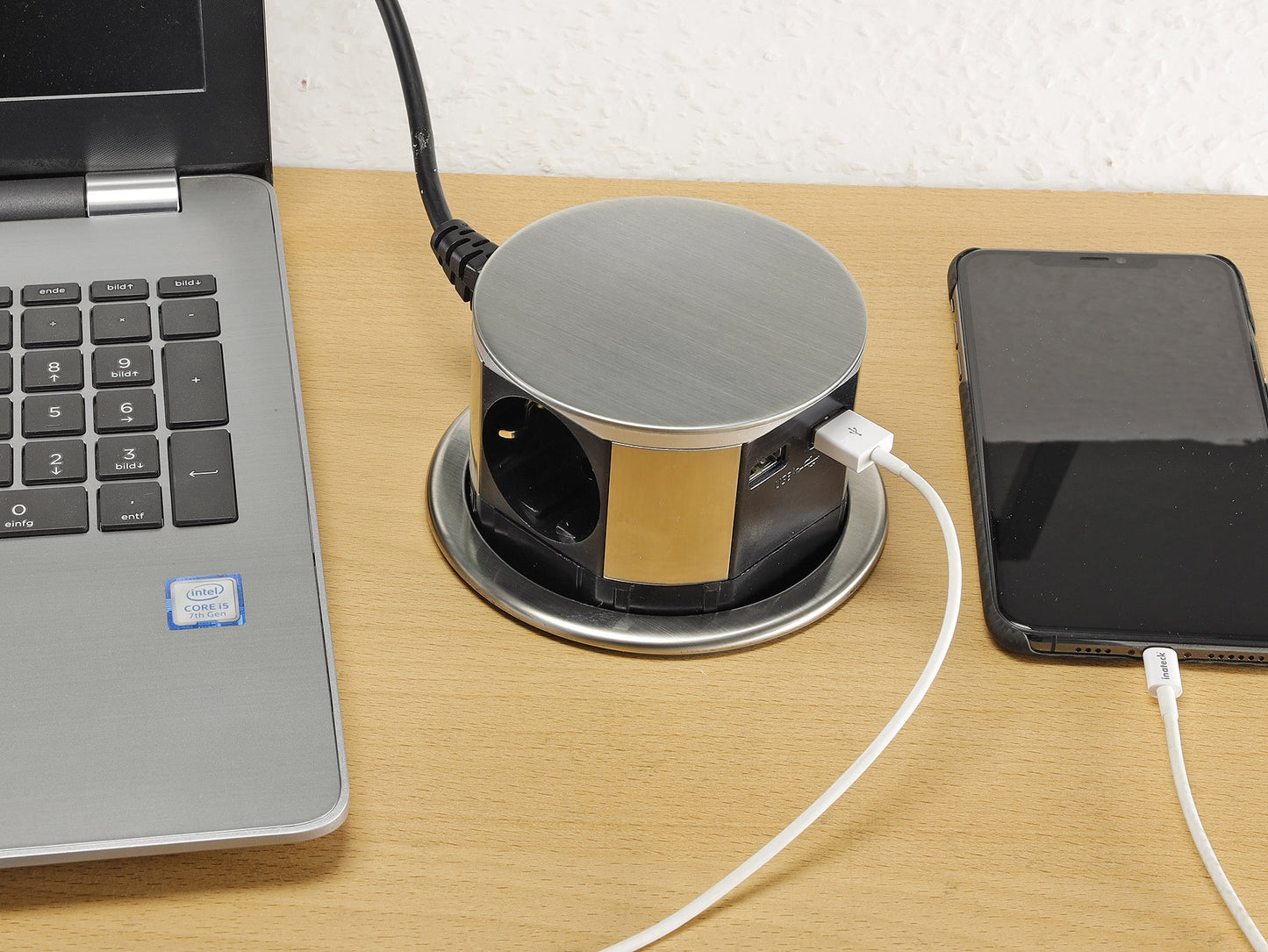 Schreibtisch-Einbausteckdose 3x +USB A+C versenkbar, Edelstahl-Ausführung, rund