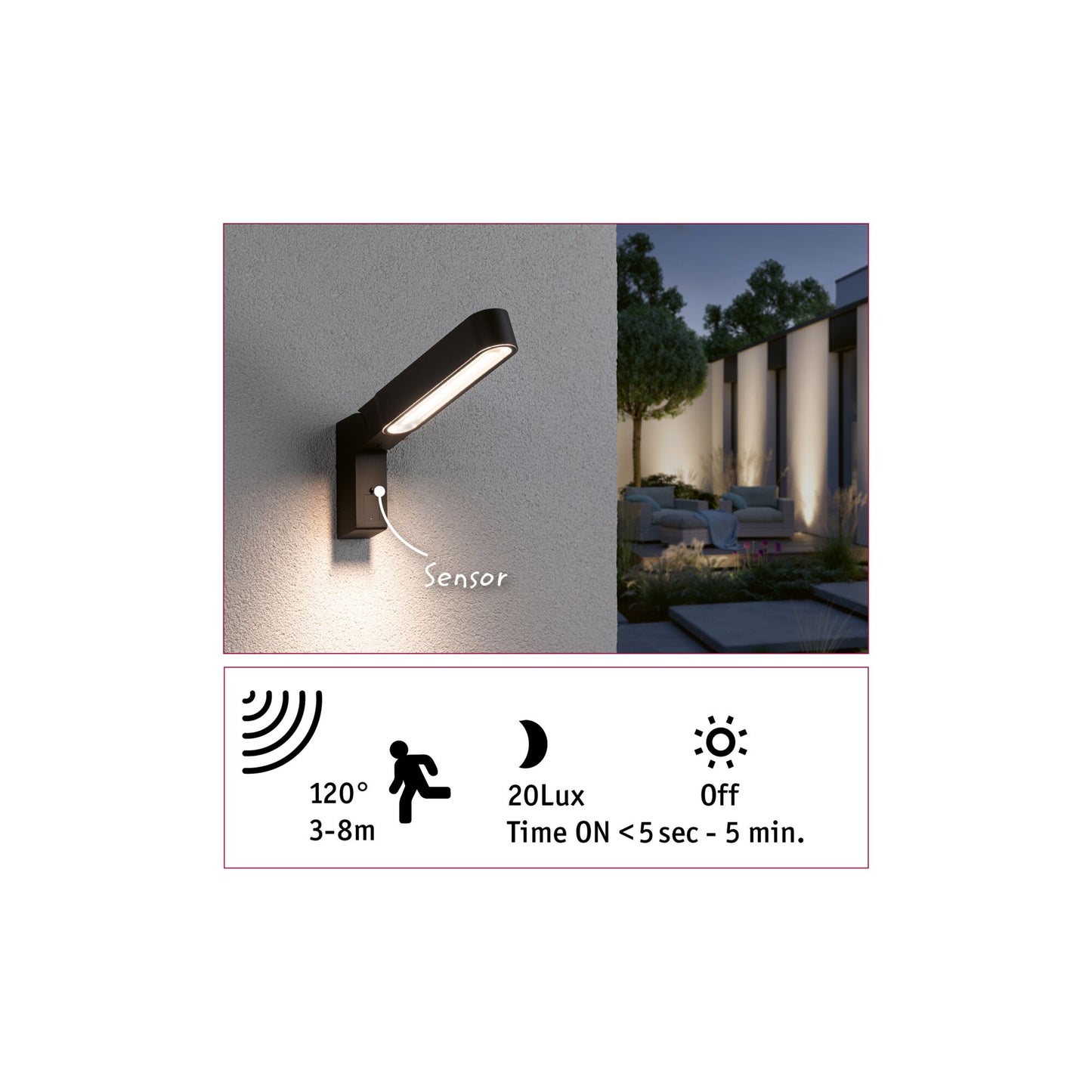 Paulmann House LED Außenwandleuchte Ito Vertikale Ausrichtung Bewegungsmelder IP44 47x301mm 3000K 6W 450lm 230V 65° Anthrazit Metall,Kunststoff