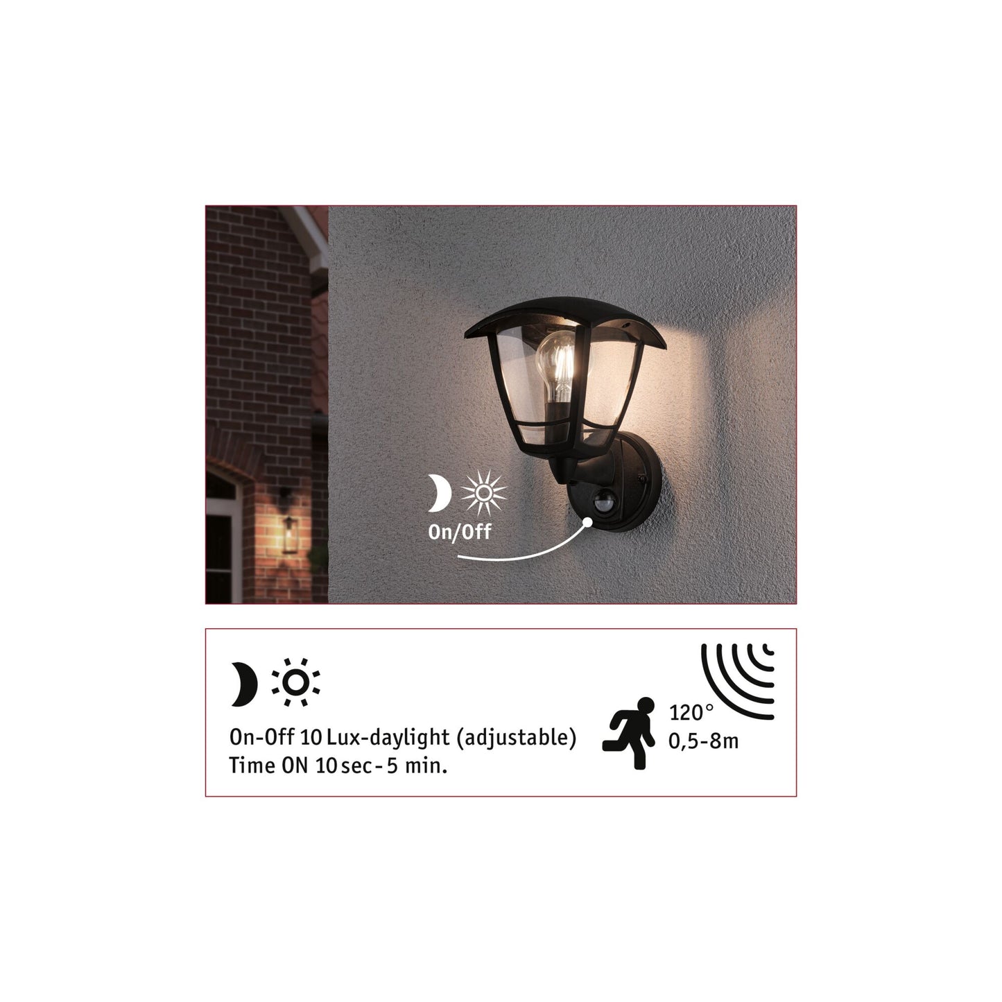 Paulmann Außenwandleuchte Classic Curved mit Bewegungsmelder IP44 eckig 164x180mm max. 12W 230V Schwarz Kunststoff