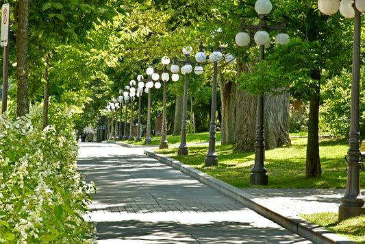 Eine Straße mit kugelförmigen Kandelabern