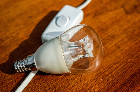 eine durchsichtige Glühlampe liegt auf einem Lichtschalter am Kabel