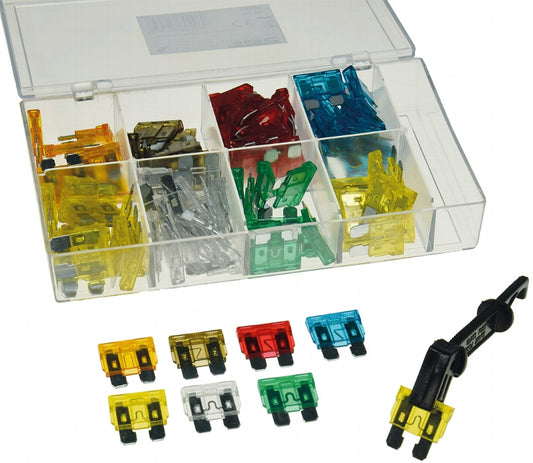 Sortiment Kfz Flachsteck Sicherungen mit Sortiments-Box, 100-teilig