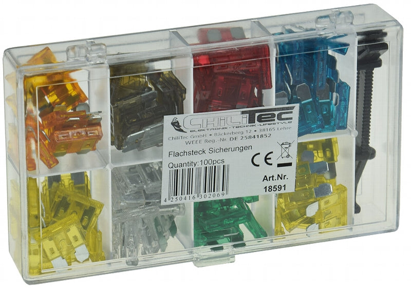Sortiment Kfz Flachsteck Sicherungen mit Sortiments-Box, 100-teilig