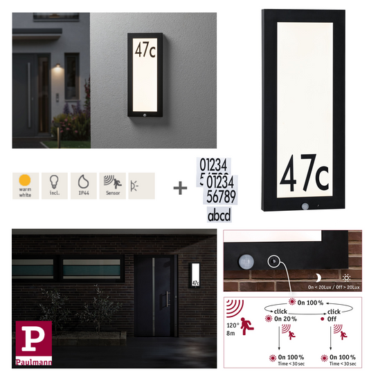 Paulmann Outdoor 230V Panel 20*60cm Hausnummer IP44 10W 800lm Bewegungsmelder Anthrazit