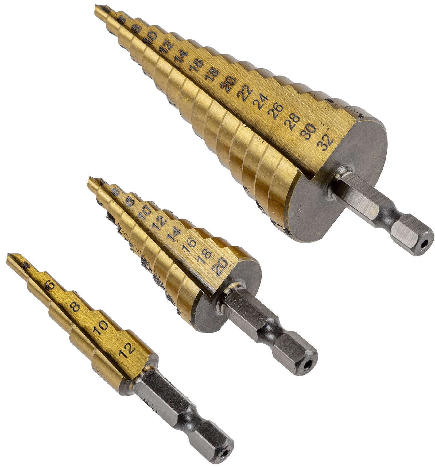 Stufenbohrersatz 3-teilig, 10mm Schaft 4-12mm / 4-20mm/ 4-32mm