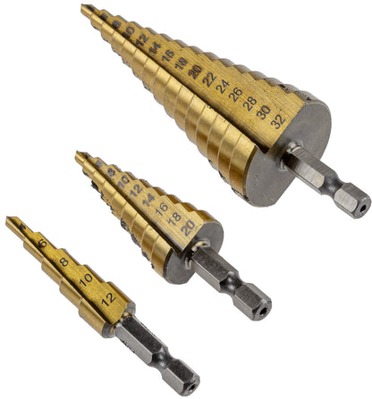 Stufenbohrersatz 3-teilig, 10mm Schaft 4-12mm / 4-20mm/ 4-32mm