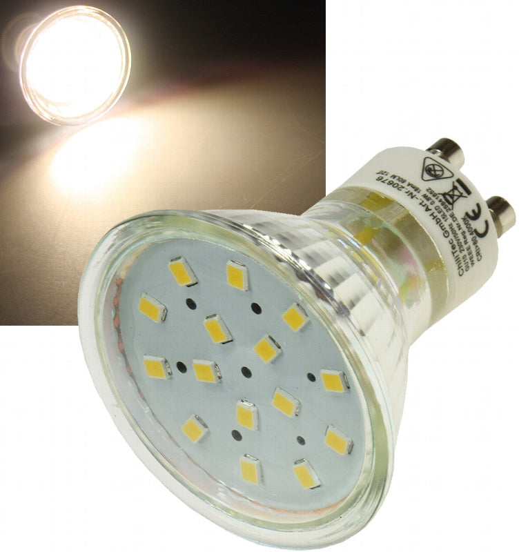 LED Strahler GU10 "H10 SMD" 15 SMD LEDs 3000k, 50lm, 120°, 230V/0,8W, warmweiß