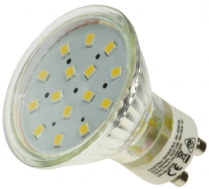 LED Strahler GU10 "H10 SMD" 15 SMD LEDs 3000k, 50lm, 120°, 230V/0,8W, warmweiß