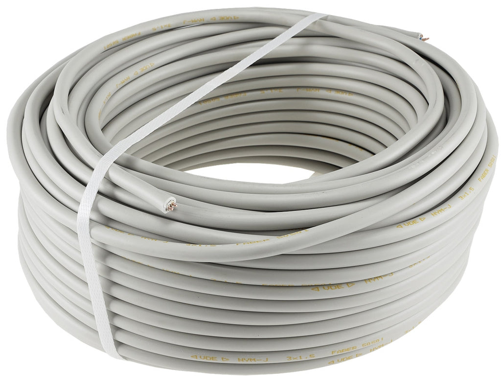 Stromleitung "NYM-J", 50m, isoliert 3G1,5, grau, Außen-Ø 8,2mm, Ring