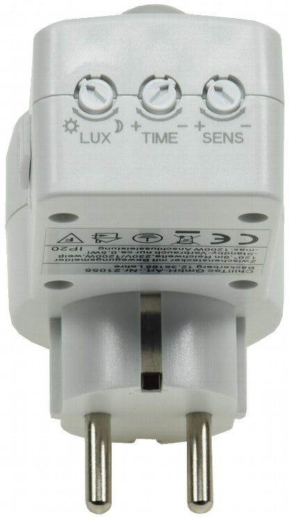 Zwischenstecker mit Bewegungsmelder 120°, 9m Reichweite , 230V/1200W, weiß