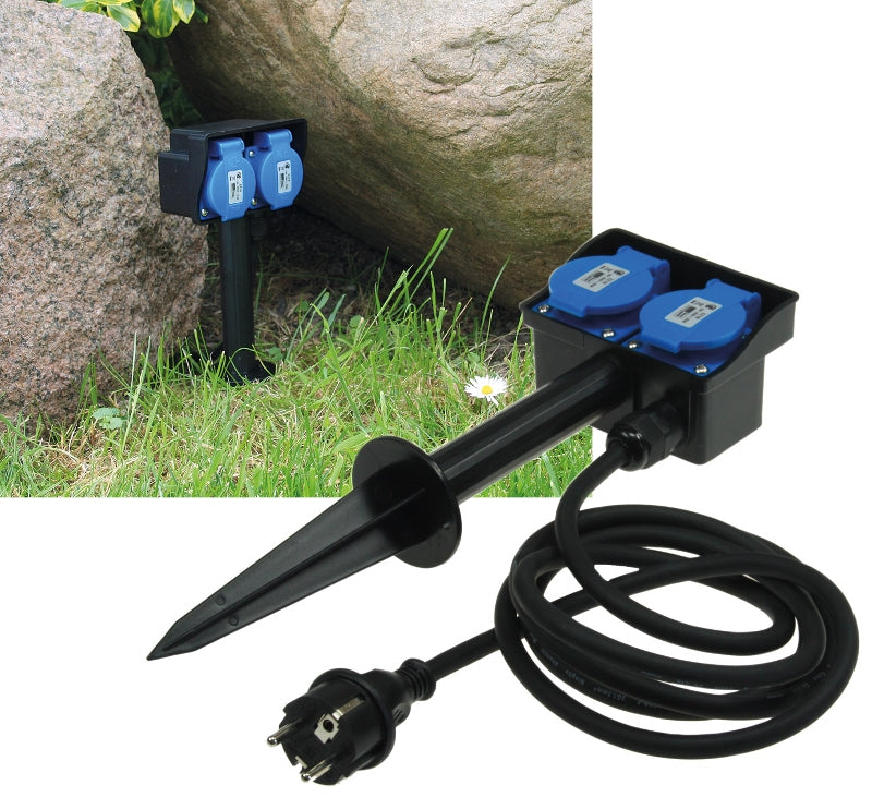 Gartensteckdose mit Erdspieß, 2-fach IP44, 10m Kabel