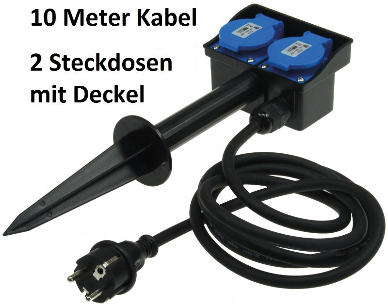 Gartensteckdose mit Erdspieß, 2-fach IP44, 10m Kabel