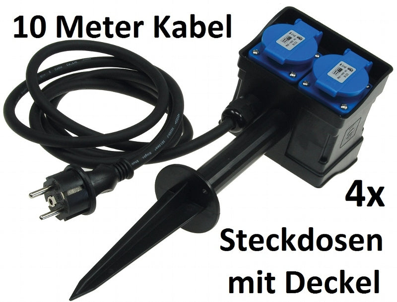 Gartensteckdose mit Erdspieß, 4-fach IP44, 10m Kabel