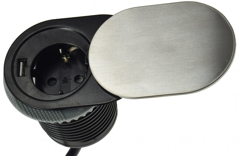 Schreibtisch-Einbausteckdose + USB Schutz.Steckd. 16A, USB 2,4A, Edelstahl