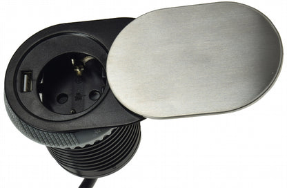 Schreibtisch-Einbausteckdose + USB Schutz.Steckd. 16A, USB 2,4A, Edelstahl