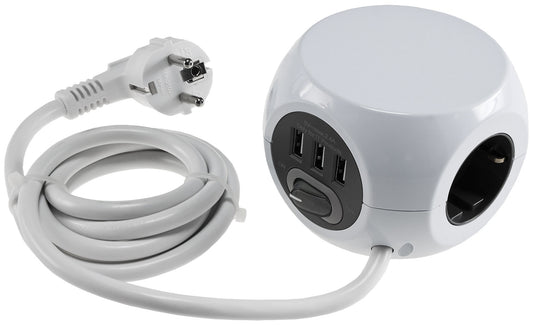 Steckdosen-Kubus 3x Schutzk + 3x USB 1,4m Zuleitung, Ein-/Aus-Schalter