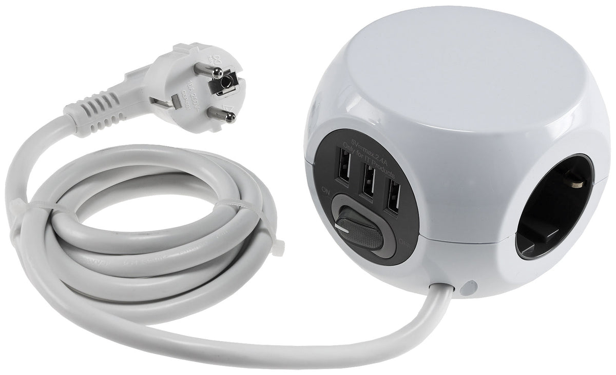 Steckdosen-Kubus 3x Schutzk + 3x USB 1,4m Zuleitung, Ein-/Aus-Schalter
