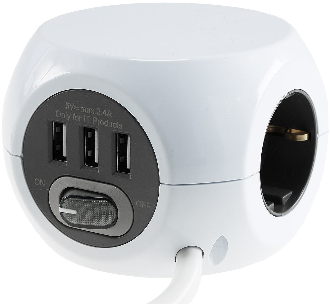 Steckdosen-Kubus 3x Schutzk + 3x USB 1,4m Zuleitung, Ein-/Aus-Schalter