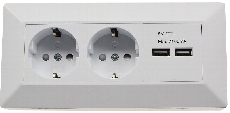2-fach Steckdosenblock + 2x USB, weiß ma 250V~/ 16A, Aufbaumontage