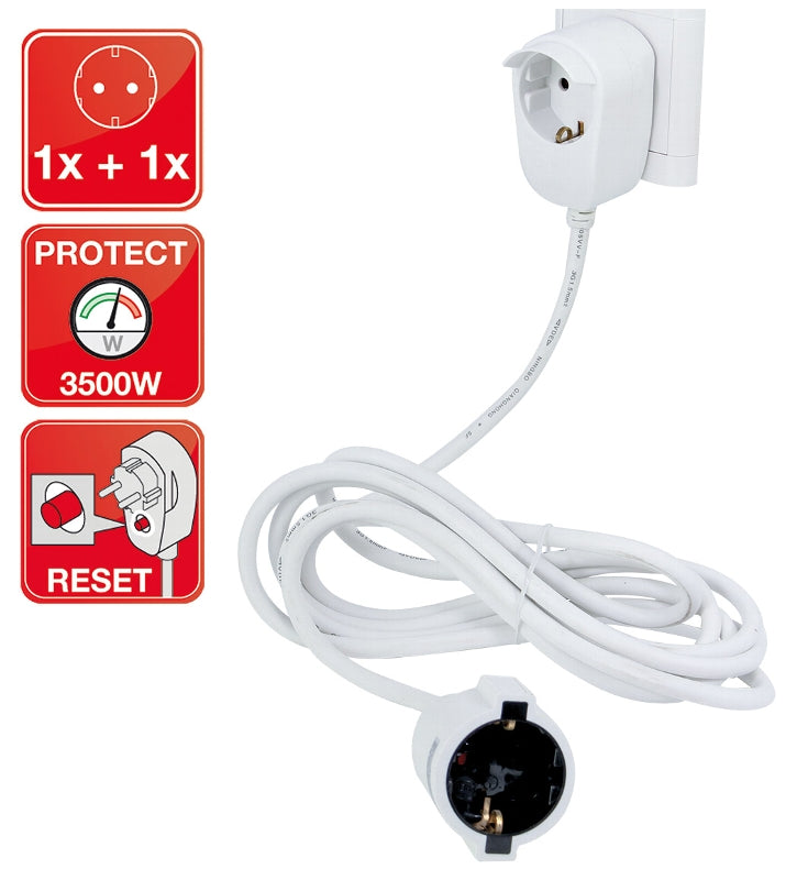 Schutzkontakt-Verlängerung, 5m, weiß H05VV-F3G 1,5mm², zusätzliche Steckdose