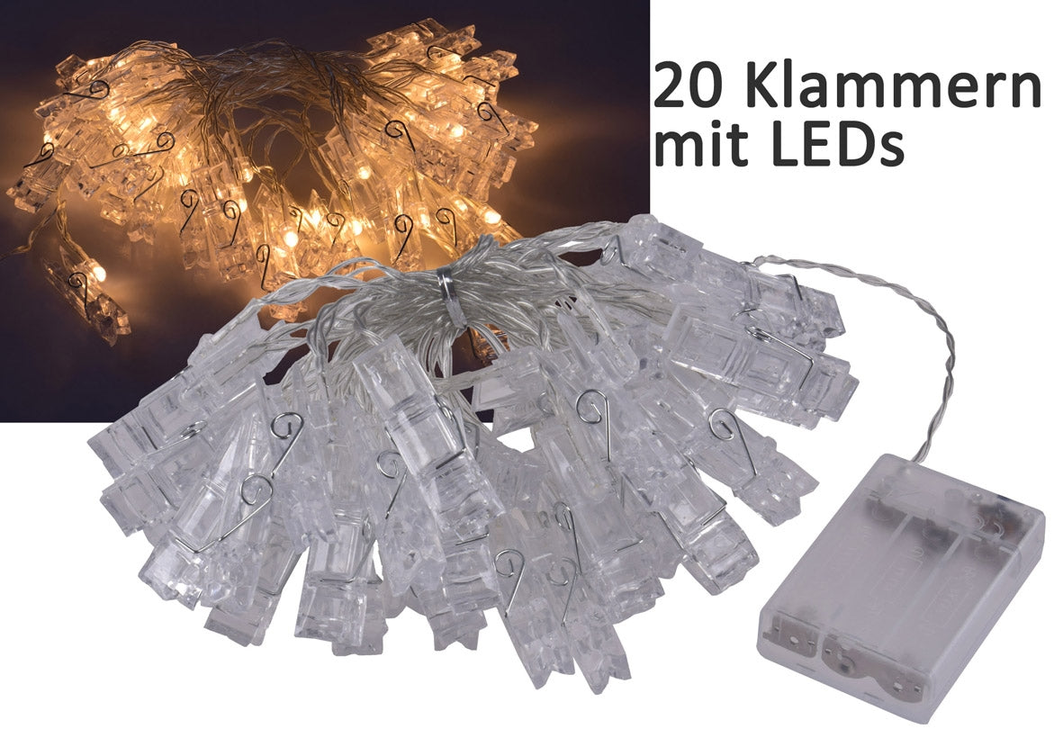 LED Lichterkette mit 20 Foto-Clips warmweiß, transp. Kabel, Batteriebetrieb