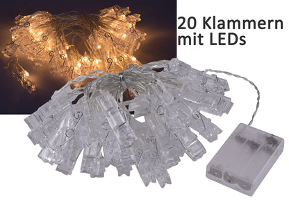 LED Lichterkette mit 20 Foto-Clips warmweiß, transp. Kabel, Batteriebetrieb