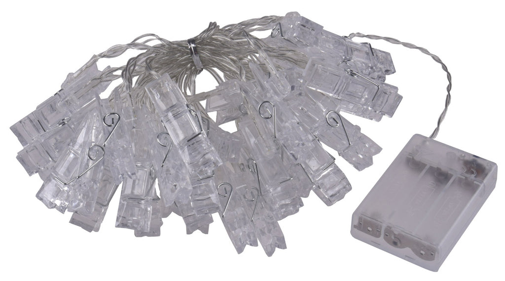 LED Lichterkette mit 20 Foto-Clips warmweiß, transp. Kabel, Batteriebetrieb
