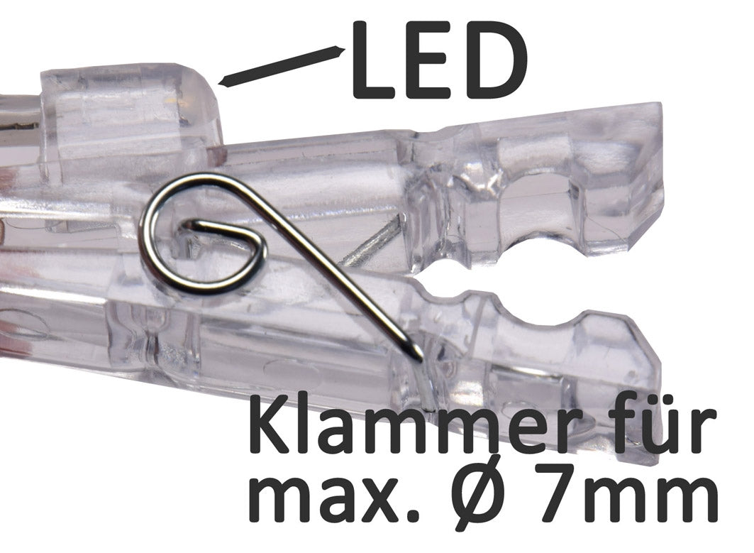 LED Lichterkette mit 20 Foto-Clips warmweiß, transp. Kabel, Batteriebetrieb