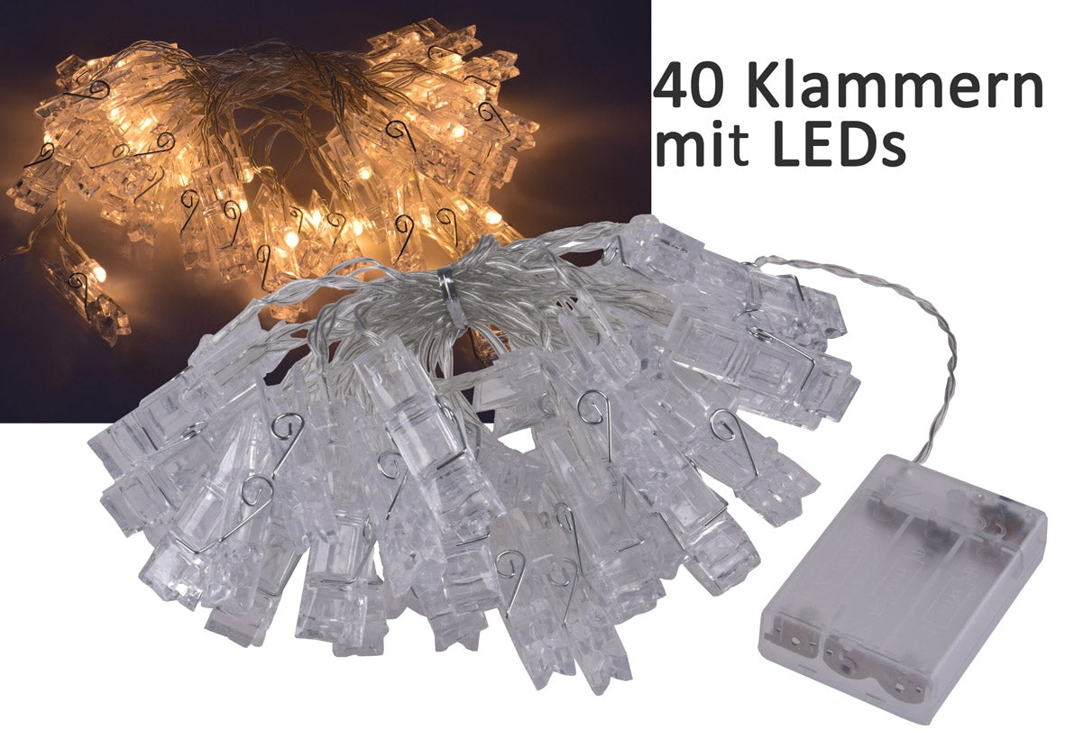 LED Lichterkette mit 40 Foto-Clips warmweiß, transp. Kabel, Batteriebetrieb