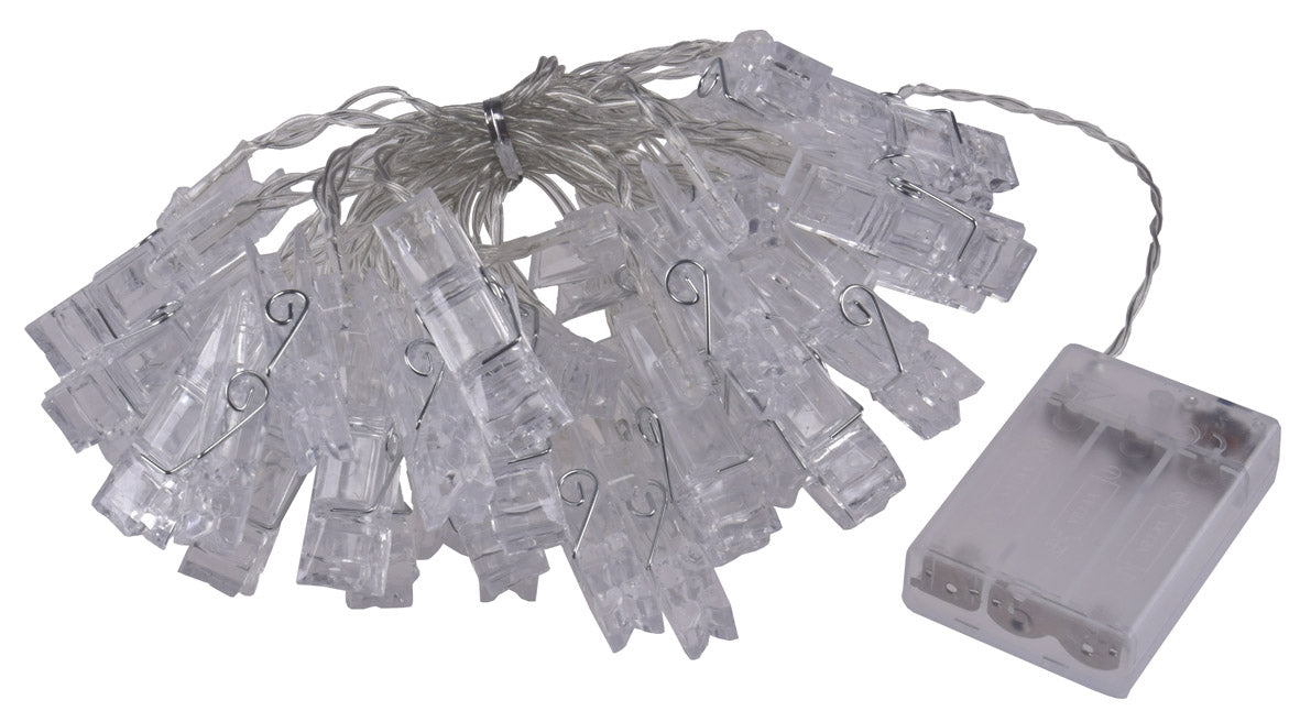 LED Lichterkette mit 40 Foto-Clips warmweiß, transp. Kabel, Batteriebetrieb