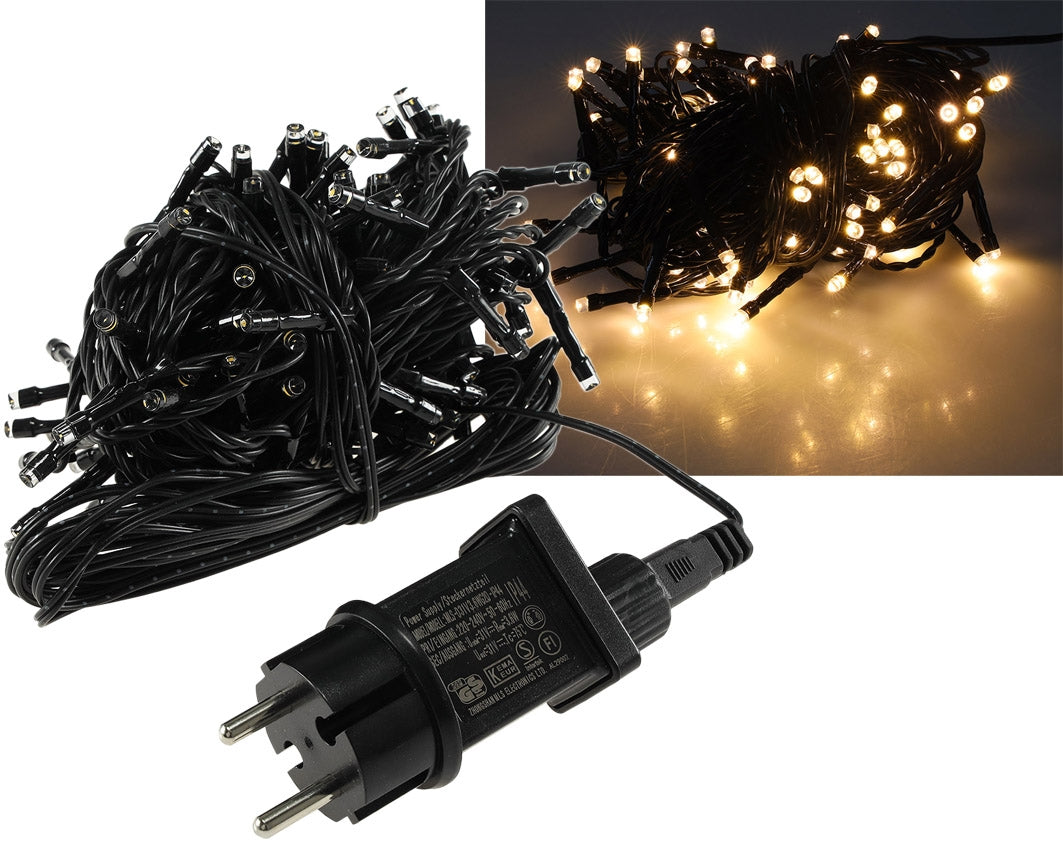 LED Aussen-Lichterkette "CT-ALK100" 10m warmweiß, Kabel schwarz, IP44, 100 LEDs