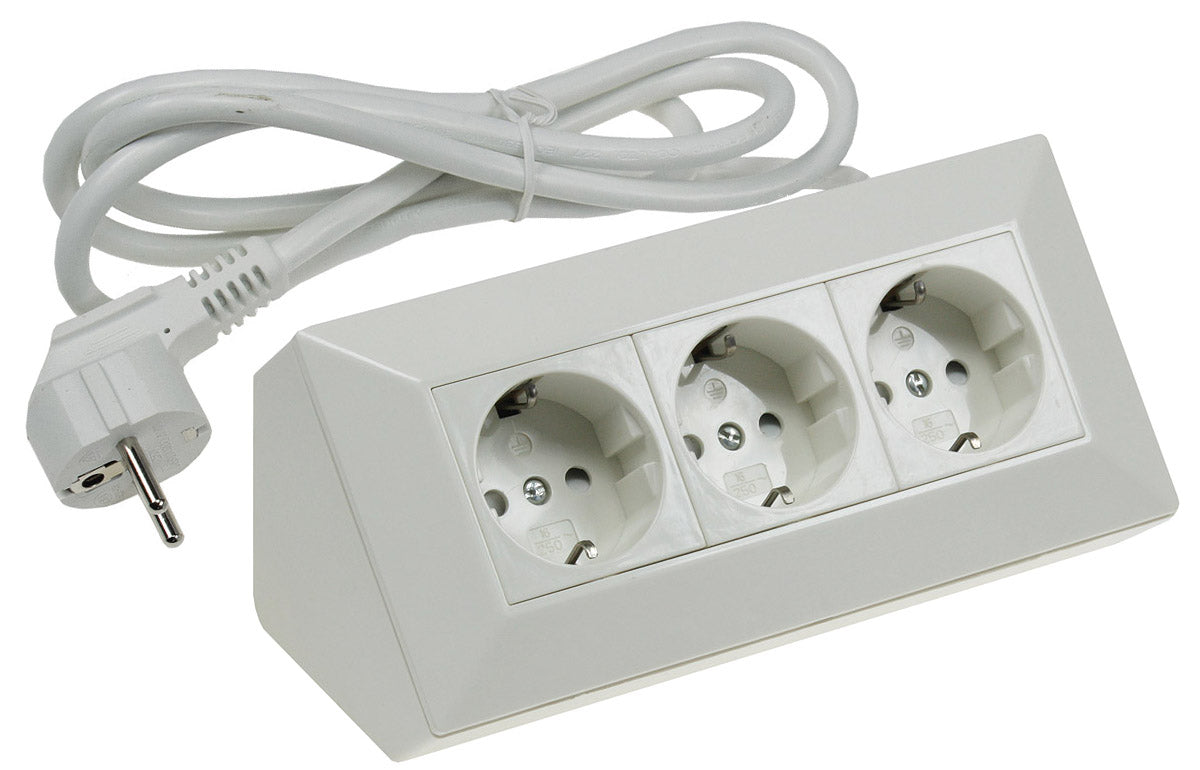 Steckdosenblock 3-fach Ecksteckdose Küchen Steckdose mit 1,5m Kabel Vormontiert Aufbaumontage Aufbausteckdose  I 90° Winkel für Eck- & Unterbaumontage I 230V Steckdosenblock für Arbeitsplatte Werkstatt Nachttisch I Weiß