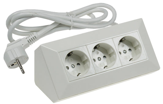 Steckdosenblock 3-fach Ecksteckdose Küchen Steckdose mit 1,5m Kabel Vormontiert Aufbaumontage Aufbausteckdose  I 90° Winkel für Eck- & Unterbaumontage I 230V Steckdosenblock für Arbeitsplatte Werkstatt Nachttisch I Weiß