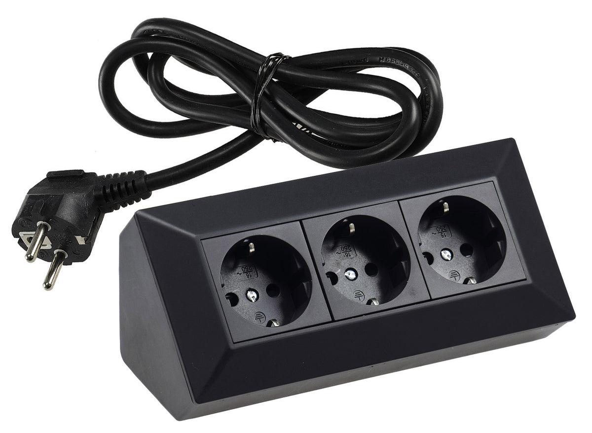 Steckdosenblock 3-fach Ecksteckdose Küchen Steckdose mit 1,5m Kabel Vormontiert Aufbaumontage Aufbausteckdose  I 90° Winkel für Eck- & Unterbaumontage I 230V Steckdosenblock für Arbeitsplatte Werkstatt Nachttisch I schwarz