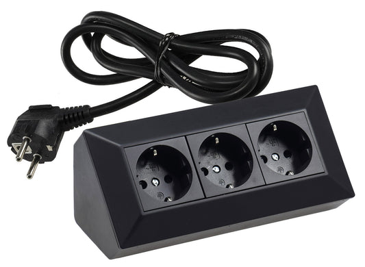 Steckdosenblock 3-fach Ecksteckdose Küchen Steckdose mit 1,5m Kabel Vormontiert Aufbaumontage Aufbausteckdose  I 90° Winkel für Eck- & Unterbaumontage I 230V Steckdosenblock für Arbeitsplatte Werkstatt Nachttisch I schwarz