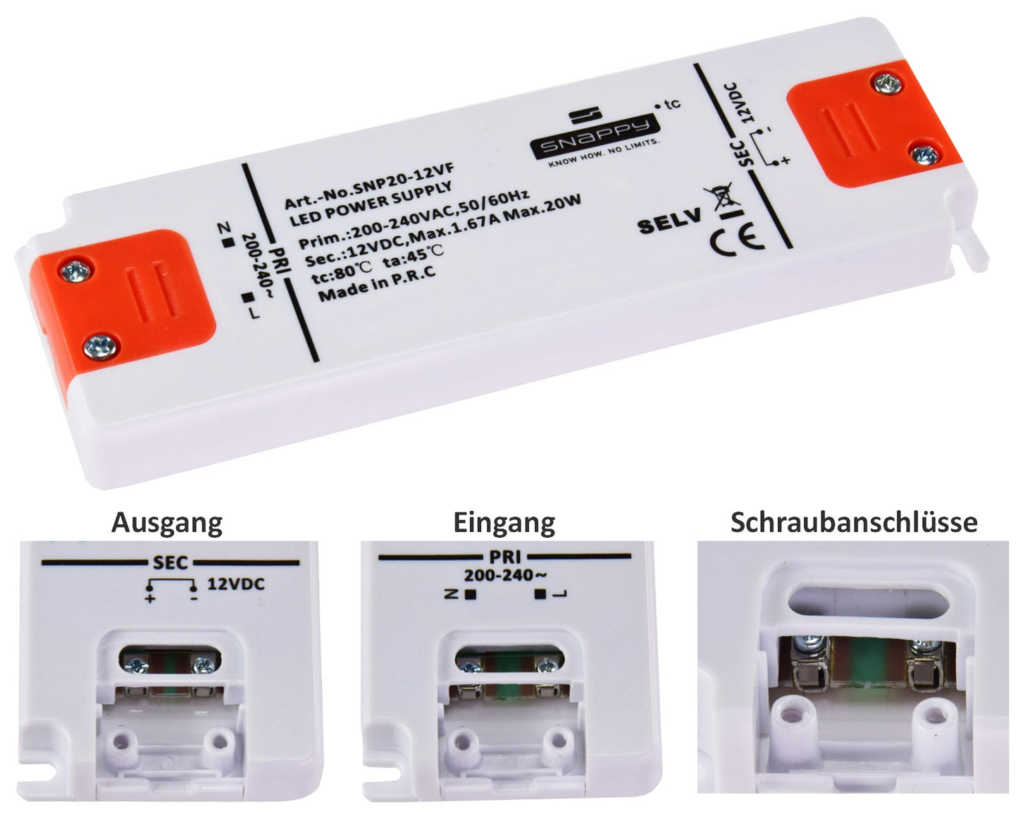 LED-Trafo 230V auf 12V=, 0,5-20 Watt Ein 180-240V, Super SlimLine