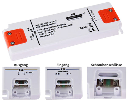 LED-Trafo 230V auf 12V=, 0,5-20 Watt Ein 180-240V, Super SlimLine