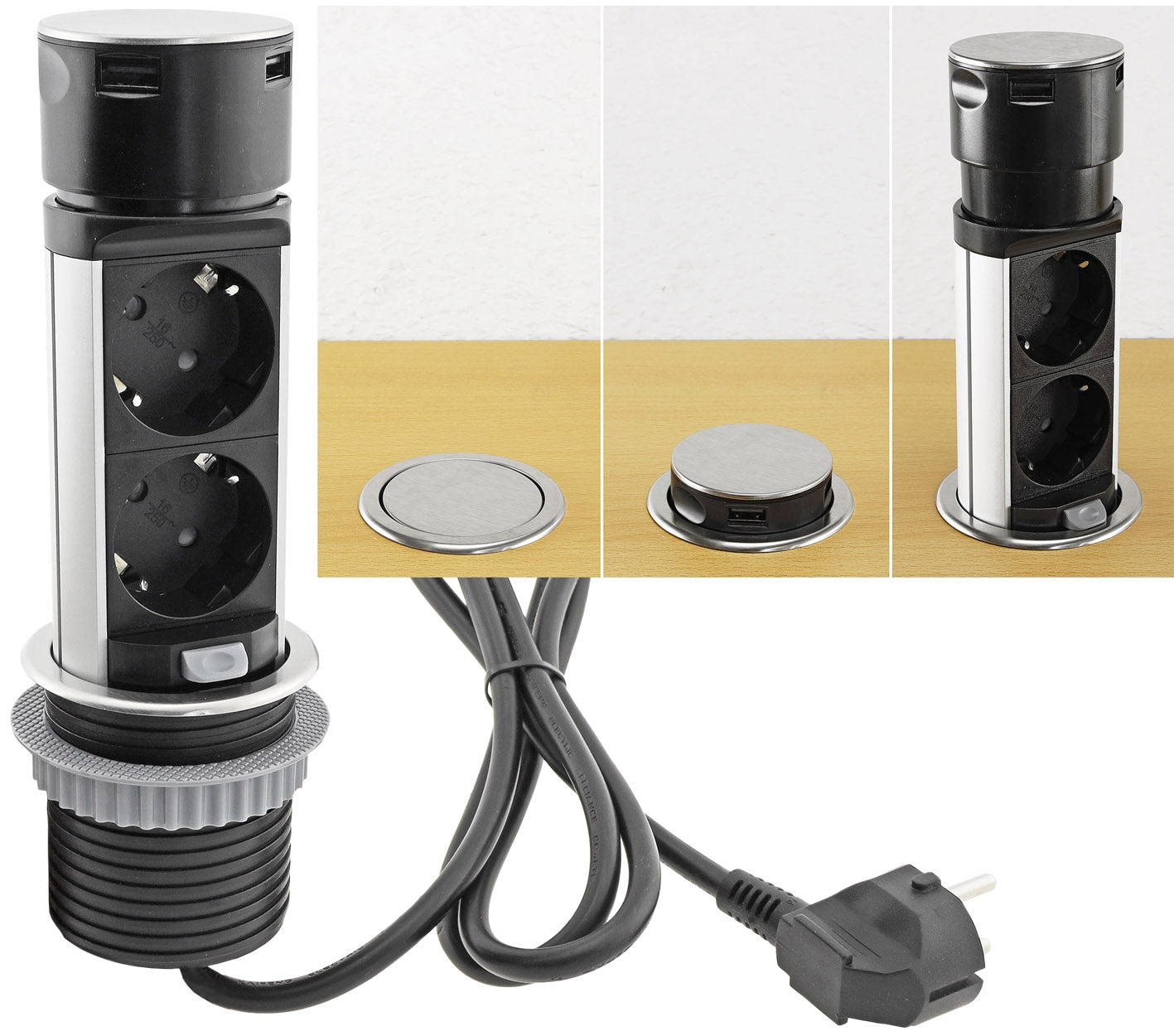 Schreibtisch-Einbausteckdose 2x + 2xUSB versenkbar, Edelstahl, rund Mini