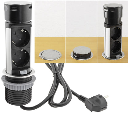 Schreibtisch-Einbausteckdose 2x + 2xUSB versenkbar, Edelstahl, rund Mini