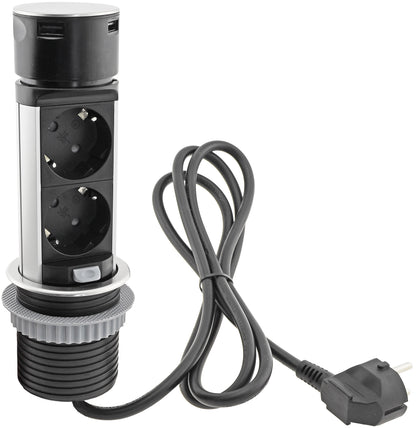 Schreibtisch-Einbausteckdose 2x + 2xUSB versenkbar, Edelstahl, rund Mini