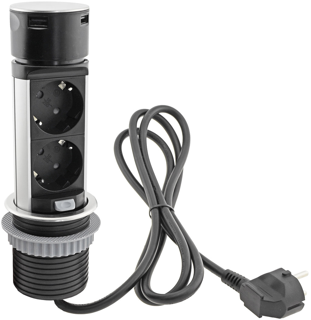 Schreibtisch-Einbausteckdose 2x + 2xUSB versenkbar, Edelstahl, rund Mini