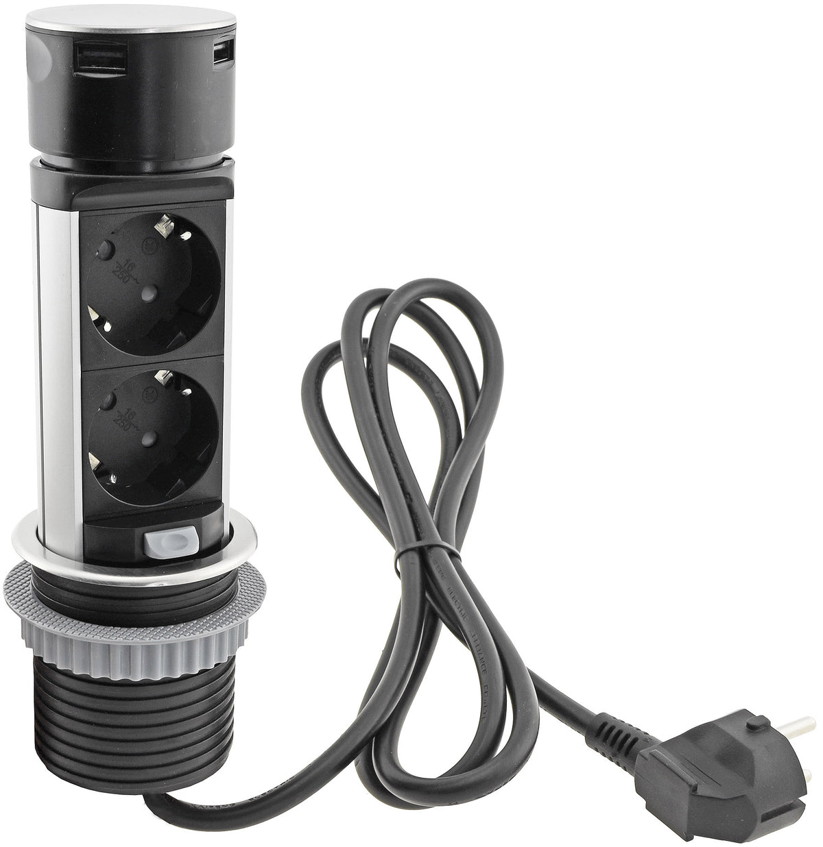 Schreibtisch-Einbausteckdose 2x + 2xUSB versenkbar, Edelstahl, rund Mini