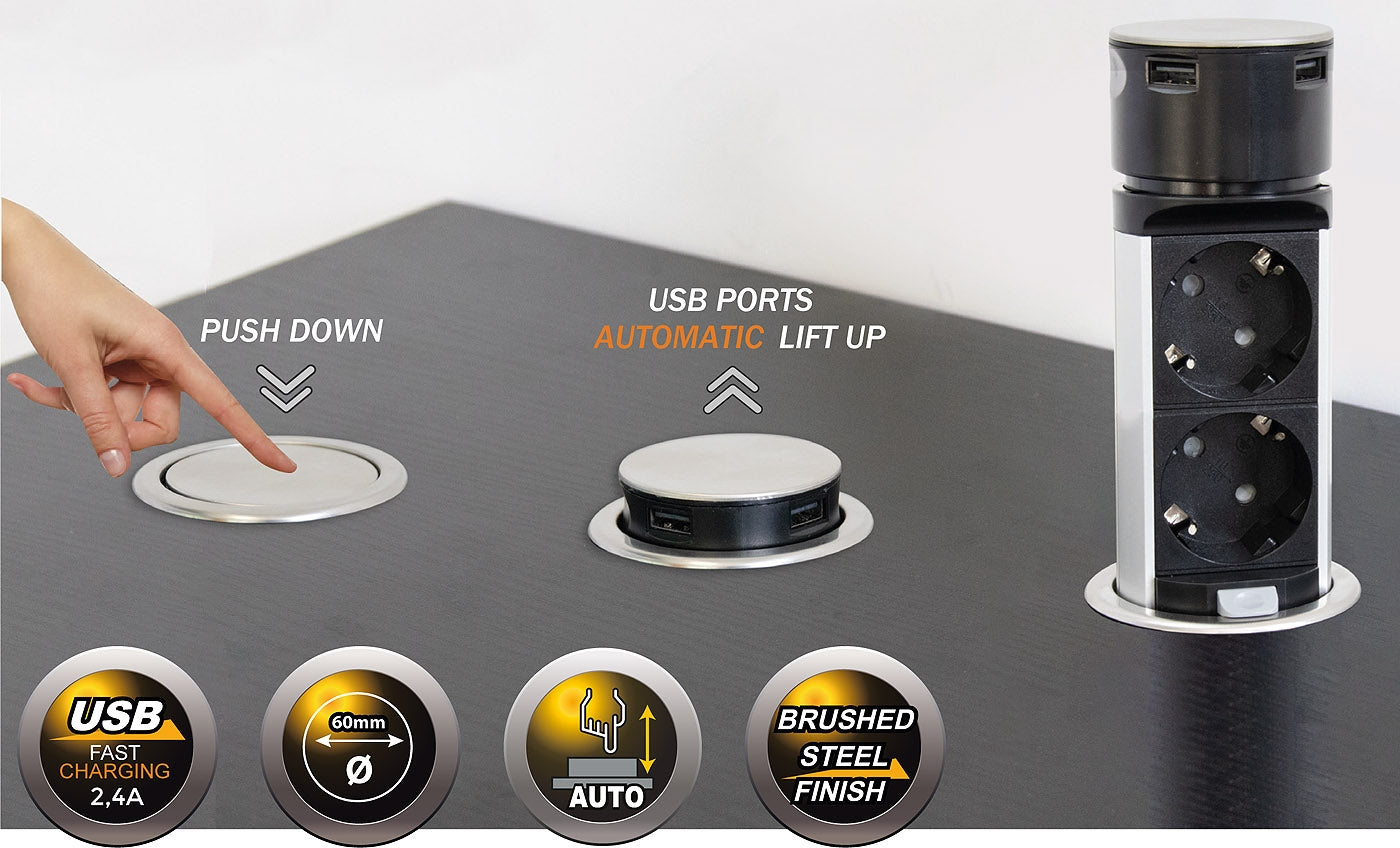 Schreibtisch-Einbausteckdose 2x + 2xUSB versenkbar, Edelstahl, rund Mini