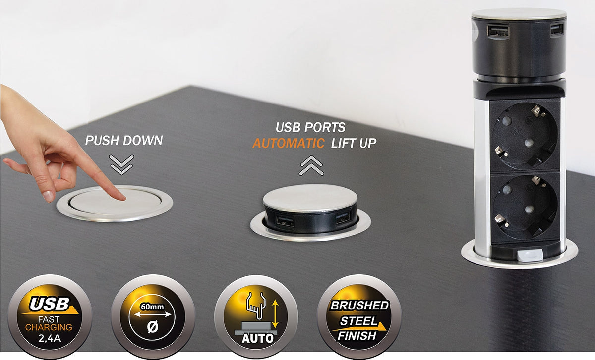 Schreibtisch-Einbausteckdose 2x + 2xUSB versenkbar, Edelstahl, rund Mini