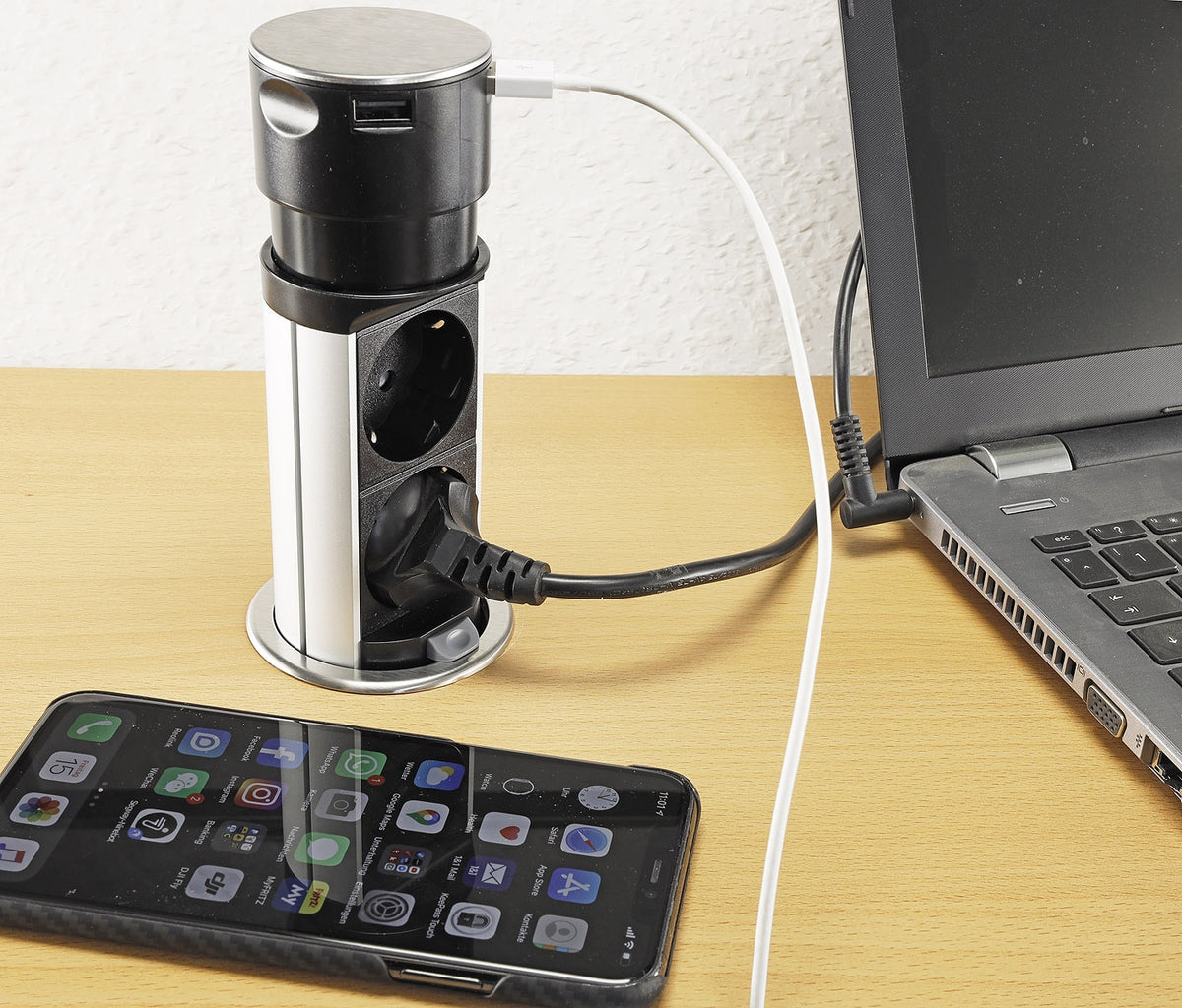 Schreibtisch-Einbausteckdose 2x + 2xUSB versenkbar, Edelstahl, rund Mini