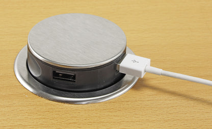 Schreibtisch-Einbausteckdose 2x + 2xUSB versenkbar, Edelstahl, rund Mini